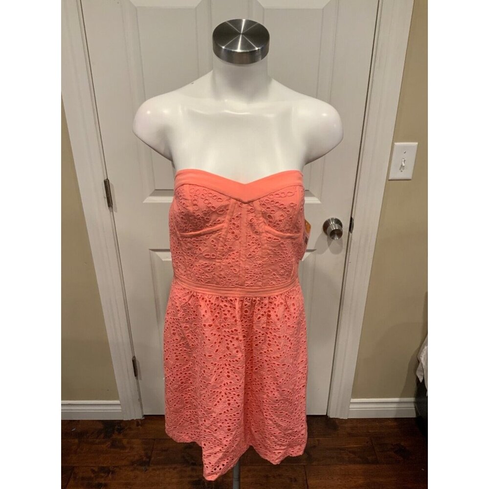 Rebecca Taylor Coral Pink Eyelet, 100% Silk Strapless Dress, Size 8
